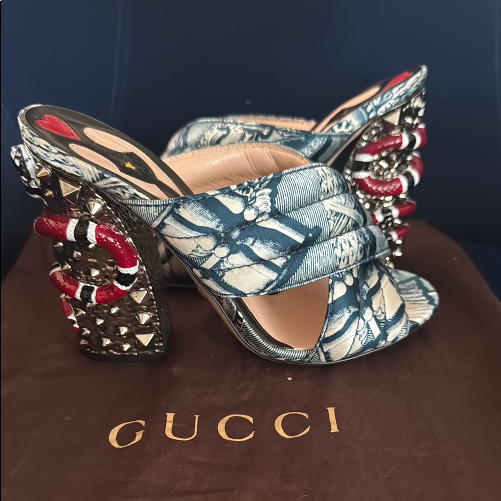 Gucci Blue and Red Heels with Snake Crystal Embellishments